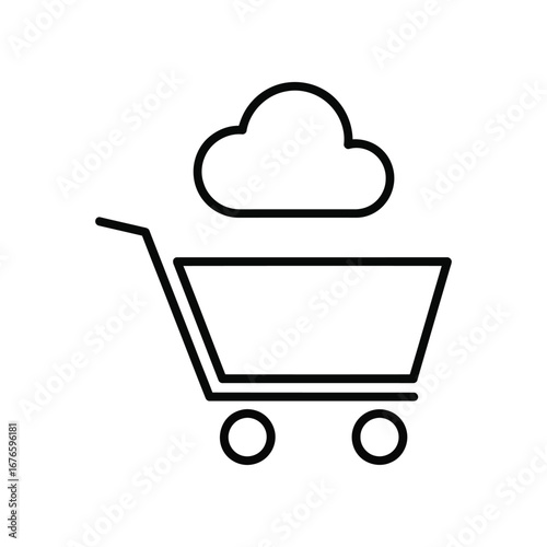 Cloud Commerce: A minimalist line drawing of a shopping cart topped with a cloud, representing digital retail and the ease of online purchasing. A visual metaphor for modern commerce