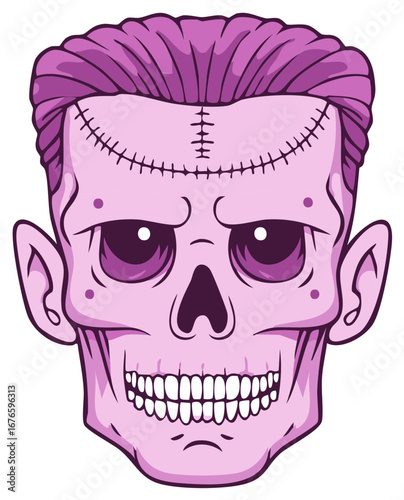 Cartoon style monster head with sutures and skull like features and pink and purple color palette, vector graphic for design use.