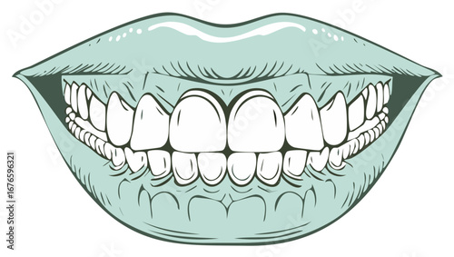 Vector illustration of a mouth with teeth, lips and gums in cartoon style