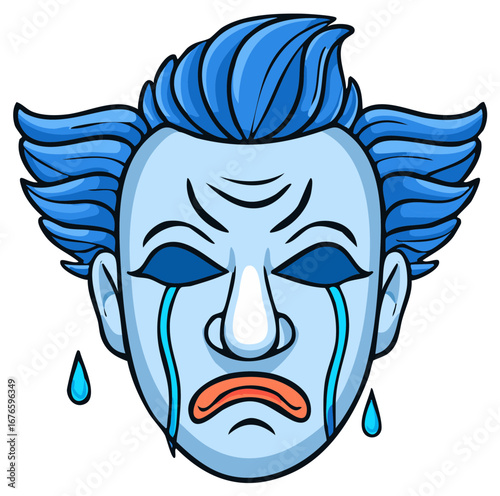 Distressed blue-haired cartoon clown face shedding tears, portraying sorrow and despair