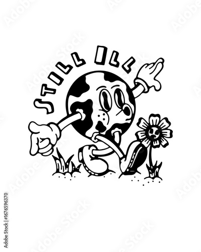 Cartoon Earth character with worried expression and a flower, vintage style illustration