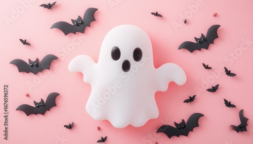 Cute halloween scene with a ghost and bats on a pastel pink colored background