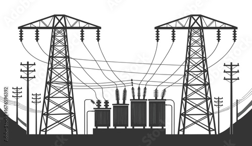 Electric power substation, high-voltage transmission towers, utility transformers, energy infrastructure system, industrial electricity distribution, power grid connection, electrical engineering