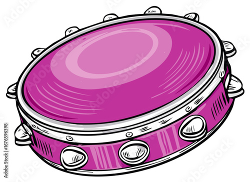 Cartoon Illustration of a Pink Tambourine, Musical Instrument