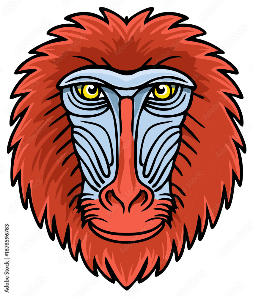 Obraz premium Stylized Illustration of a Baboon's Face with Red Fur and Blue Markings