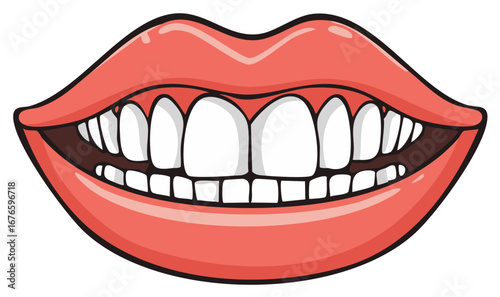Cartoon Mouth with Teeth Vector Illustration Smiling Healthy Dental Hygiene Lips