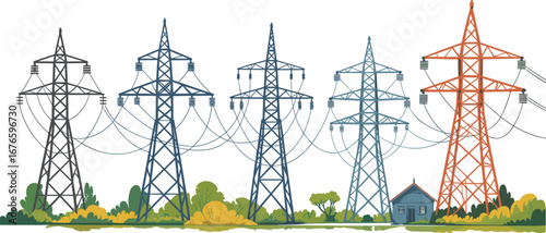 Electricity transmission towers, colorful power pylons, utility building, high-voltage energy lines, landscape with infrastructure, industrial electric network, power distribution