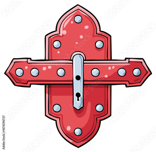Ornate Red Metal Door Latch Medieval Style with Keyhole and Studs Cartoon