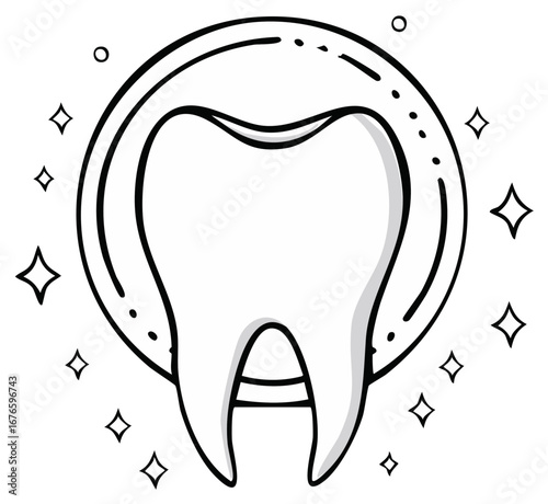 Dental Cleanliness Concept Illustration Tooth Whitening with Sparkles in Circular Frame. Dental hygiene for medical and healthcare needs.