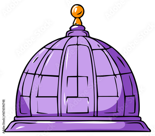 Cartoon illustration of a large purple dome with an orange finial on top architectural design element