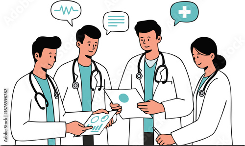 Team of Doctors Discussing Patient Medical Chart Clean Flat Vector Illustration