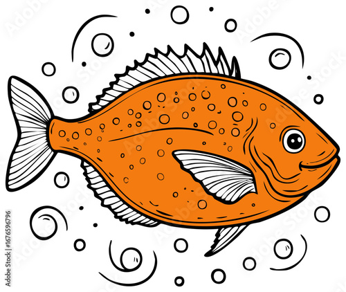 Cartoon orange spotted fish swimming, surrounded by air bubbles.