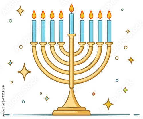 Illustration of a Golden Menorah with Lit Candles for Hanukkah and Celebration