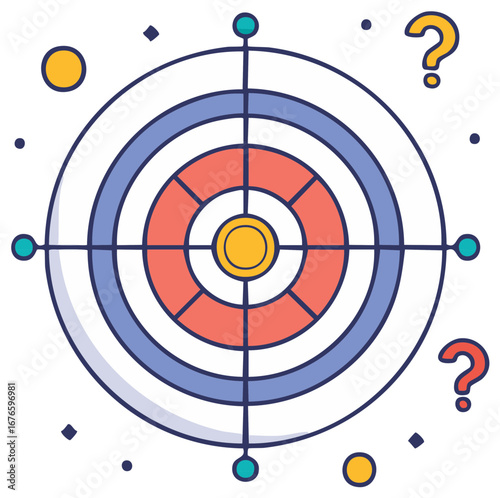 Illustration of a target with question marks for concepts of uncertain goals and strategy