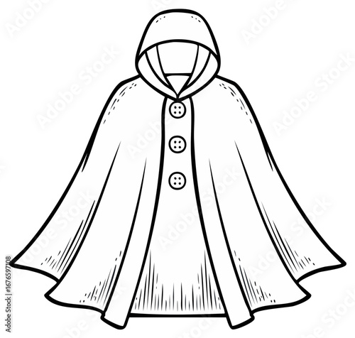 Black and White Sketch of a Hooded Cape with Three Buttons
