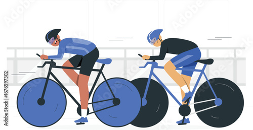 Dynamic track cycling race illustration with athletes and spectators