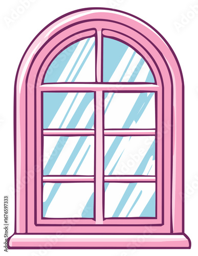 Cute pink arched window in a whimsical hand drawn doodle style
