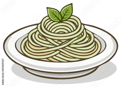 Cartoon Illustration of Pasta with Basil Pesto on White Plate, Italian Cuisine