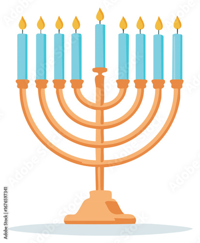 Illuminated Menorah with Nine Blue Candles and Flame Accents on a Base