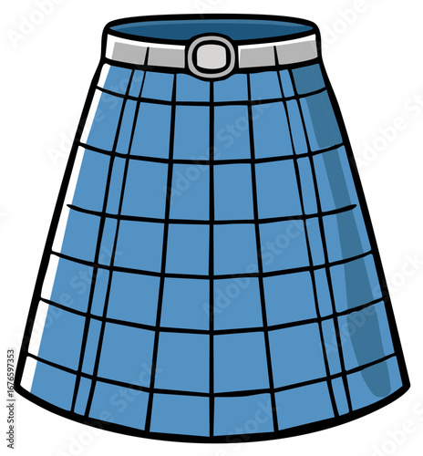 Cartoon illustration of a blue tartan kilt with belt buckle and grid pattern