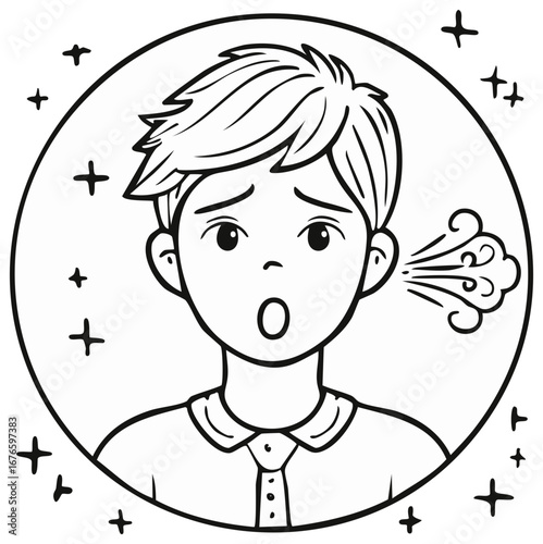 Cartoon Boy Expelling Breath with Worried Expression in a Circle with Stars Isolated Outline