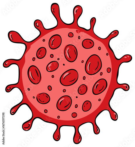 Cartoon style red virus microbe with spikes and internal spheres