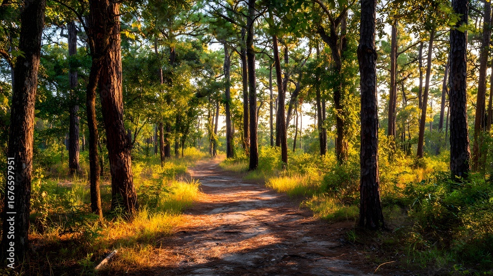 Naklejka premium A sun-drenched forest path winds through tall trees, bathed in golden sunlight, creating a tranquil and serene atmosphere.