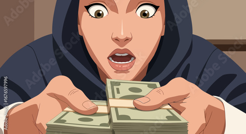 Surprised Woman in Hoodie Holding Stacks of Cash with Wide Eyes and Open Mouth, Expressing Shock and Financial Gain
