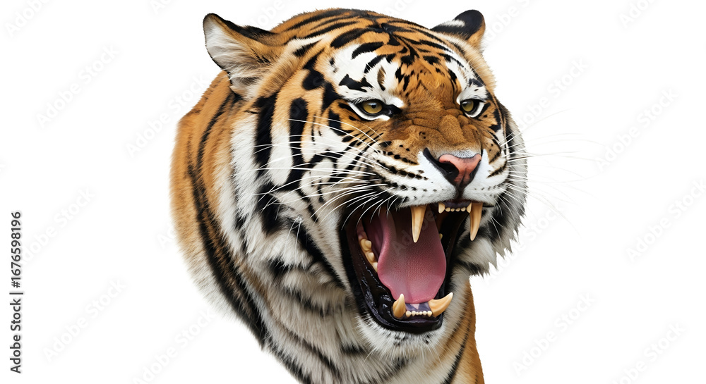 Fototapeta premium Roaring Tiger Close-up Fierce Wild Cat on Black Background