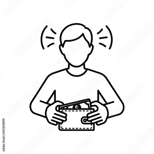 Financial deliberation: A minimalist illustration depicting a person carefully handling a wallet, suggesting carefulness about financial decision.