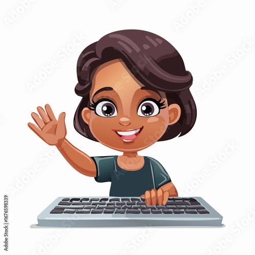 Smiling cartoon girl waving at a computer