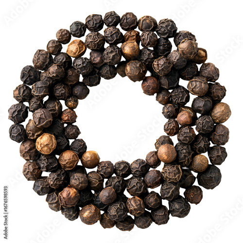 Black peppercorns arranged in a circle on black background