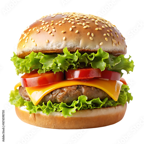 A juicy cheeseburger with beef, lettuce, and tomato on