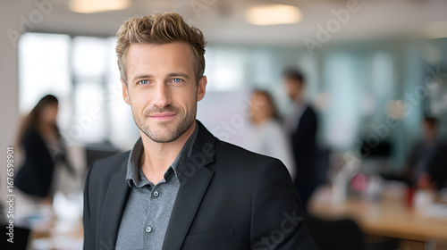 Man in suit smiles in blurry office setting with coworkers