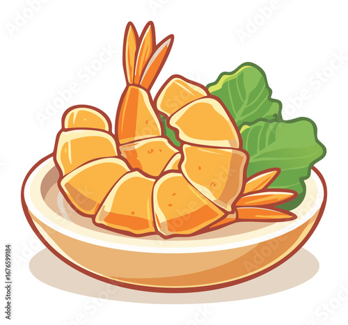 A simple cartoon illustration of a bowl of cooked shrimp with lettuce garnish