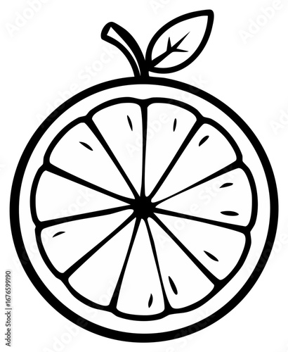 Simple black and white line art of a citrus fruit slice with a leaf and stem