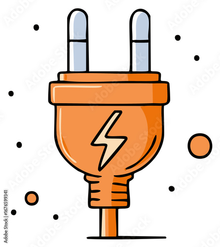 Hand drawn cartoon illustration of an orange electric plug with a lightning bolt symbol