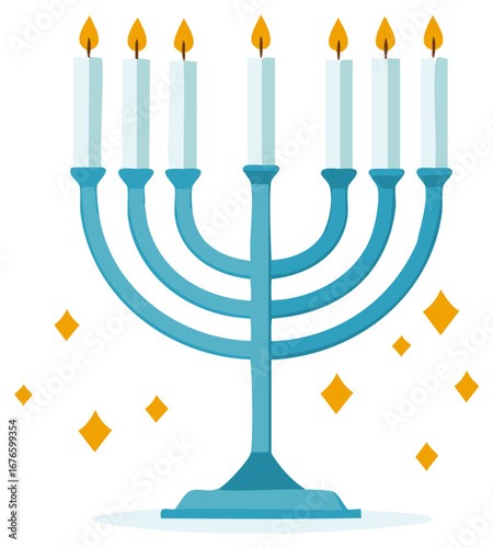 Hanukkah Menorah with Lit Candles and Decorative Diamonds