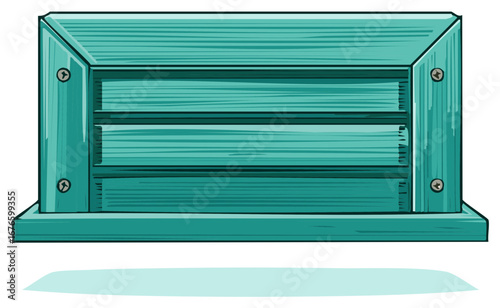 Front view of a rustic teal wooden storage crate with slats illustration