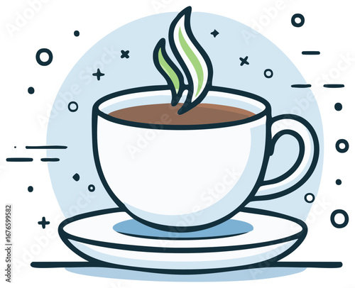 Stylish Coffee Cup on Saucer with Steaming Herbs Flat Design Illustration for Coffee Branding and Cafe Decoration