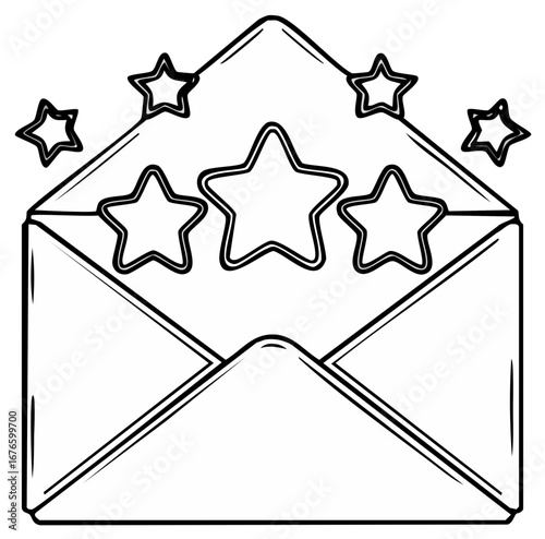 Outline Illustration of an Open Envelope with Five Stars Emerging