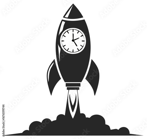Starting Rocket With Clock Illustration Concept: Deadline, Time Management, and Launching a Project