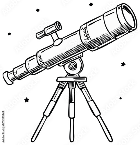 Hand Drawn Telescope Observing Stars Cosmos Astronomy Exploration Science Equipment