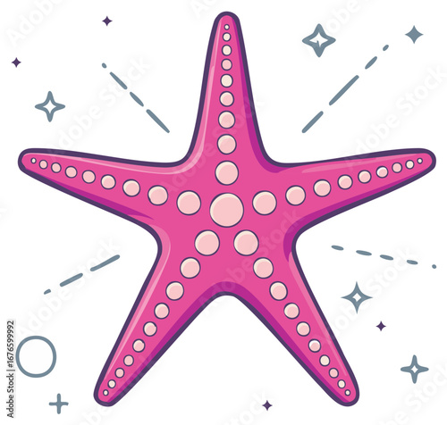 Vibrant pink starfish illustration with playful star and line accents