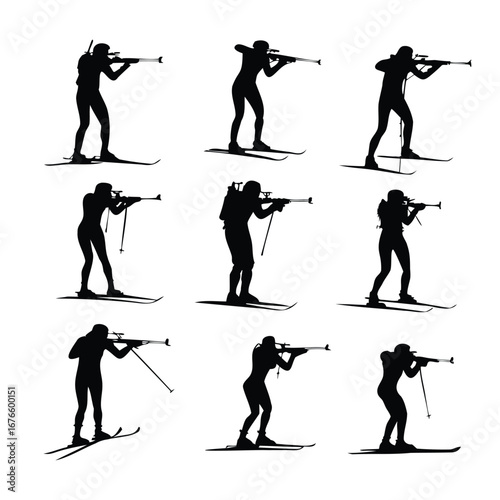 Silhouettes of Biathlon Athletes Skiing and Shooting – Vector Set