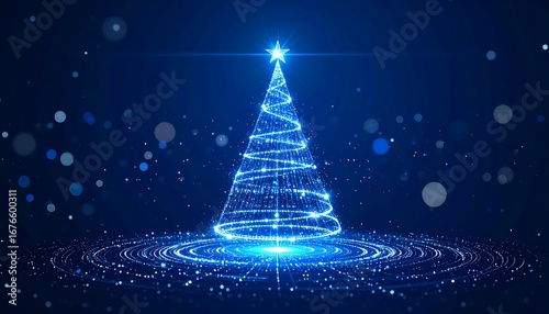 A sparkling digital Christmas tree illuminated with blue lights against a dark background