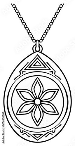 Ornate Teardrop Pendant with Floral Detail and Geometric Accents on Beaded Chain Necklace