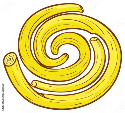 Stylized Pasta Noodles Arranged in a Spiral Shape, Golden Yellow Culinary Graphic Element, Food