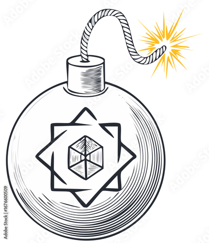 Vintage style bomb with star and cube symbol illustration, fuse lit
