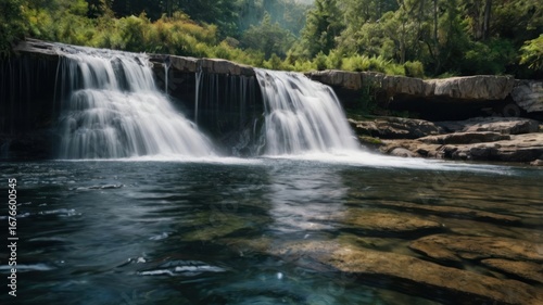 Silky Veil Cascade: Long Exposure Waterfall over a Stone Ledge into a Clear, Rocky Pool